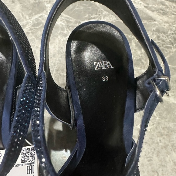 ZARA Navy Blue Rhinestone Platform Heels Formal Glamour Size 7.5 $115 - Picture 3 of 8